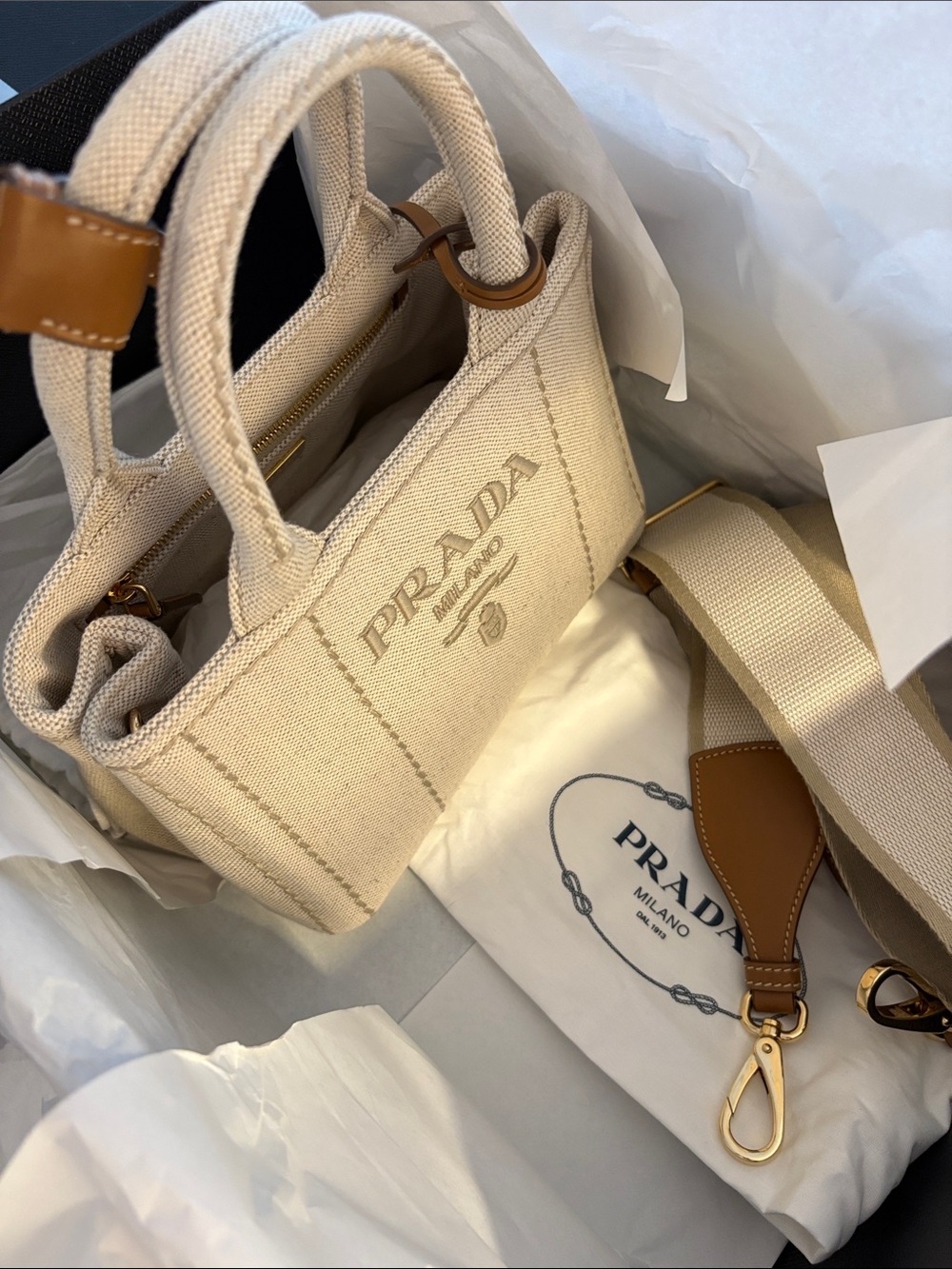 Prada Jardiniere Medium Beige Canvas Tote & Tan Leather Trim & Dust bags in Box